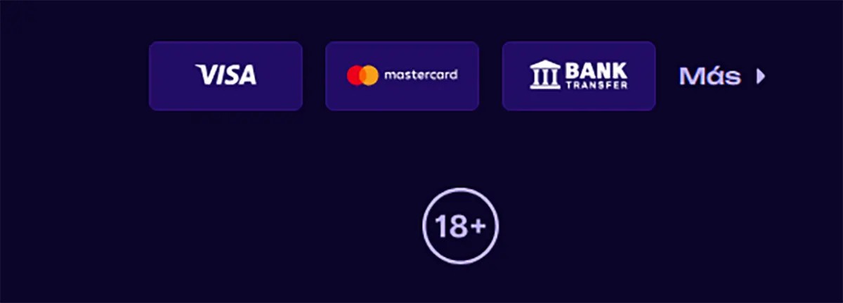 Payment methods section showing Visa, Mastercard, and bank transfer options with a “Más” (more) button and an 18+ age restriction icon on a dark background