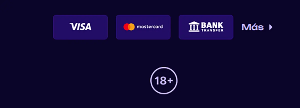 Payment methods section showing Visa, Mastercard, and bank transfer options with a “Más” (more) button and an 18+ age restriction icon on a dark background