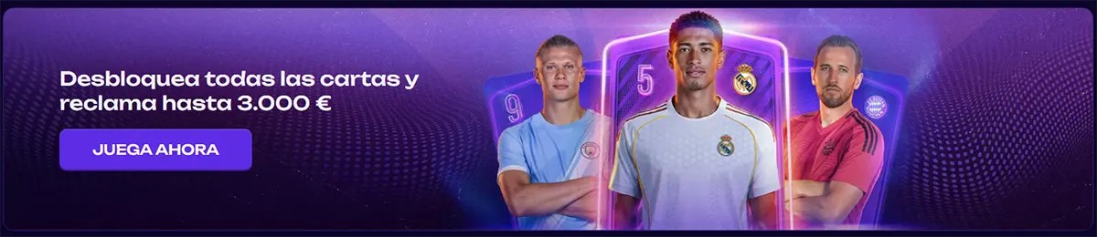 Spanish promotional banner featuring football players and collectible cards with a call to action to unlock all cards and win up to €3,000 on a purple themed background