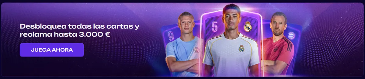 Spanish promotional banner featuring football players and collectible cards with a call to action to unlock all cards and win up to €3,000 on a purple themed background