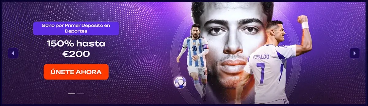 Spanish sports welcome bonus banner showing 150% up to €200 with football players and a “Únete ahora” (join now) call-to-action on a purple themed background