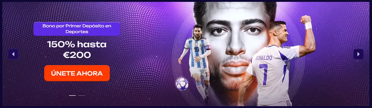 Spanish sports welcome bonus banner showing 150% up to €200 with football players and a “Únete ahora” (join now) call-to-action on a purple themed background