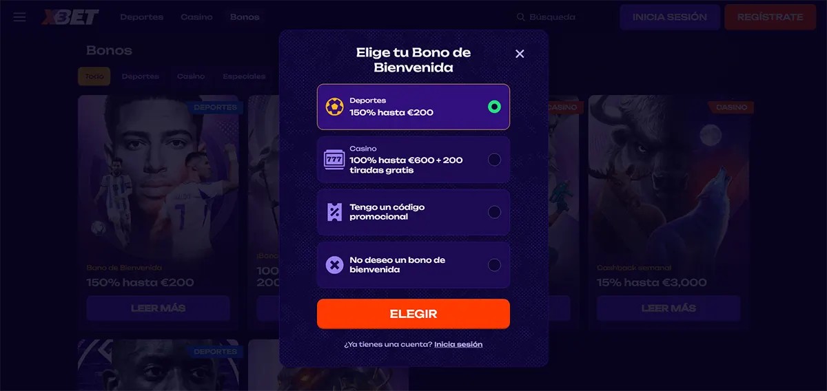 Spanish welcome bonus selection popup showing options for sports bonus 150% up to €200, casino bonus 100% up to €600 with 200 free spins, promo code entry, and no welcome bonus choice on a dark themed betting website