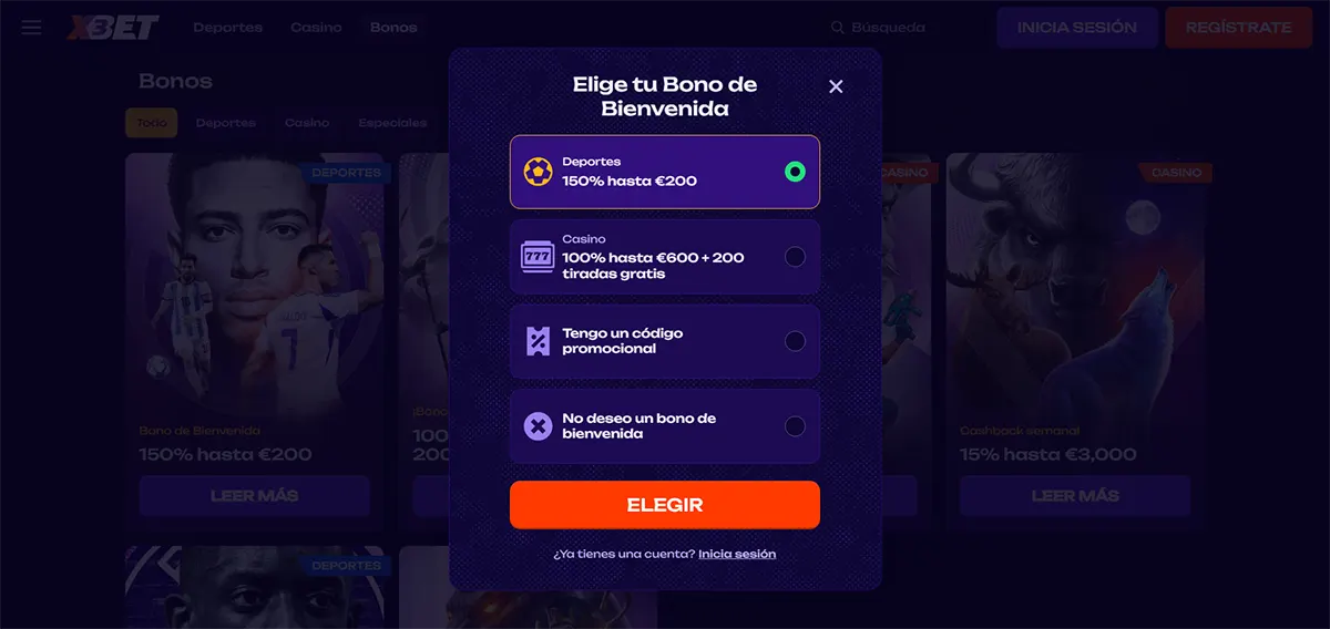 Spanish welcome bonus selection popup showing options for sports bonus 150% up to €200, casino bonus 100% up to €600 with 200 free spins, promo code entry, and no welcome bonus choice on a dark themed betting website